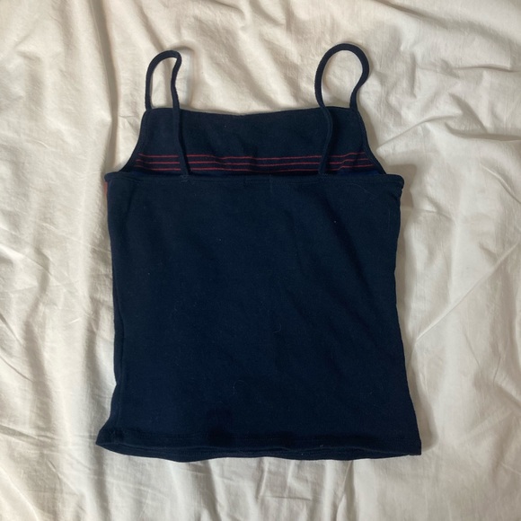 Cropped Garage Tank Top | US Size S | Navy Blue with Red, Yellow, and Blue Bands - Picture 2 of 3
